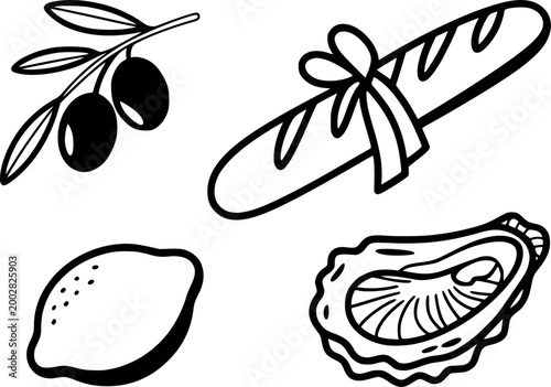 Hand-drawn black and white of french baguette, olives, lemon, and oyster white background