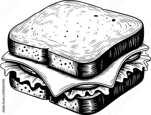 Hand-drawn black and white sandwich with lettuce, cheese, and tomato white background