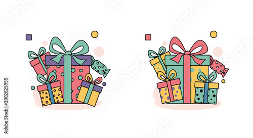 Two festive sets of colorful gift boxes decorated with ribbons,polka dots,and confetti for holiday and birthday celebrations.