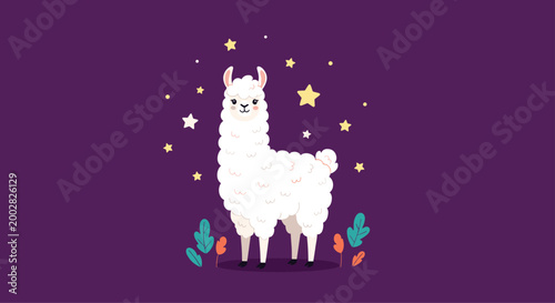 Cute white fluffy llama standing in a night landscape surrounded by stars and colorful plants on a dark purple background.