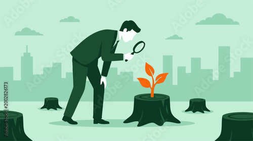 Businessman observes new sprout on tree stump, symbolizing environmental recovery.