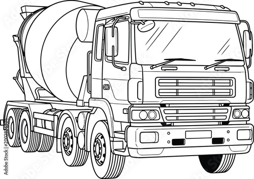 Black and white line art illustration of a heavy concrete mixer truck.