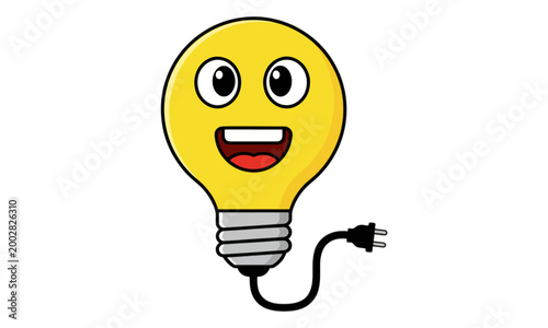 Light Bulb Character Smiling with Power Plug Illustration