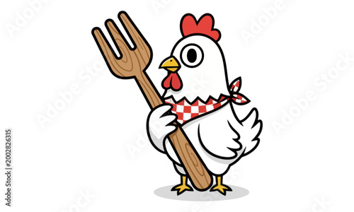 Chicken Mascot Holding Large Wooden Fork on White Background