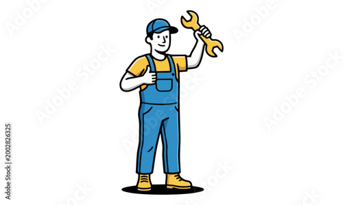 Mechanic holding wrench tool giving thumbs up vector illustration
