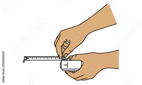 Hand holding measuring tape tool on white background