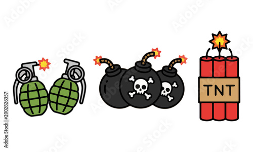 Explosive Weapon Set with Grenade Bomb and TNT Dynamite on White