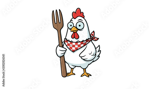 Cartoon Chicken Character Holding Pitchfork Wearing Red Bandana