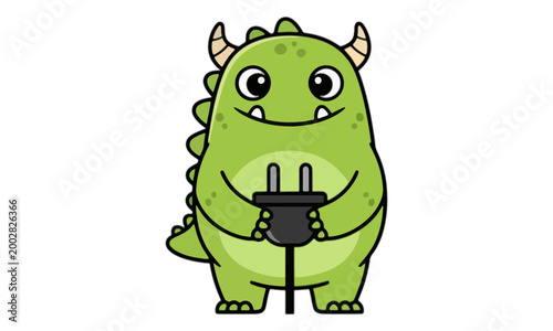 Cute Green Monster Holding Power Plug Vector Mascot