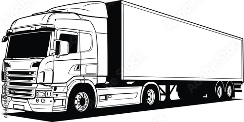 Black and white line art illustration of a heavy semi truck trailer.