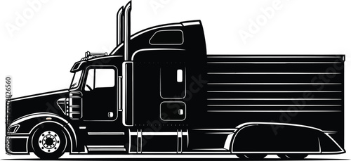 Black and white vector illustration of a semi truck.
