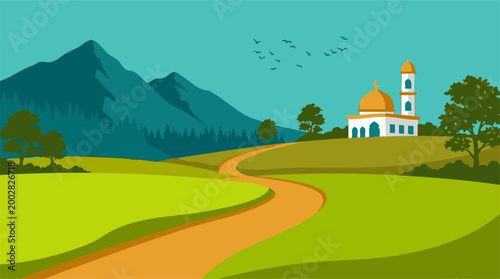 Idyllic cartoon landscape featuring a mosque, mountains, and winding path