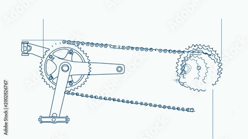 A blue technical diagram illustrates a bicycle drivetrain with crankset, pedals, chains, cassette, derailleur, and measurement arrows on a white background.
