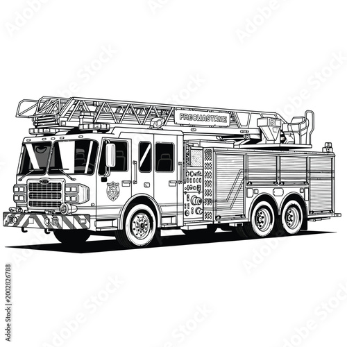 Detailed line art illustration of a modern fire truck with ladder for coloring book.