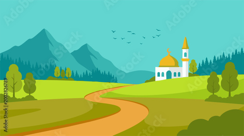 Flat design illustration of a mosque in a serene natural landscape with mountains