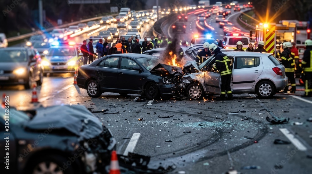 Fototapeta premium Multi-car accident scene with emergency responders and fire