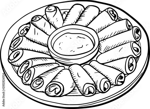 Hand-drawn of spring rolls arranged a plate with a dipping sauce bowl food appetizer
