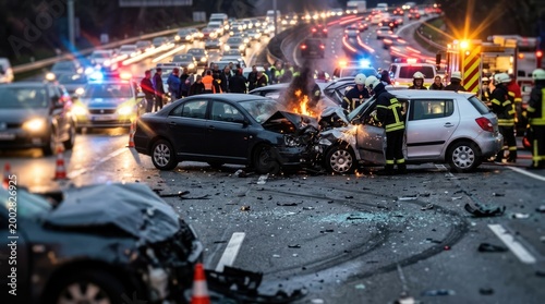 Multi-car accident scene with emergency responders and fire