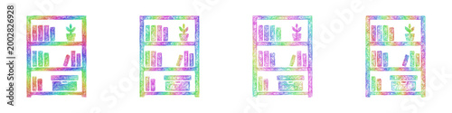 Multicolored sketch bookcase icon design set