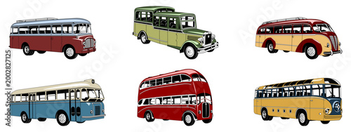 Retro Buses Set. Color vector cliparts isolated on white.
