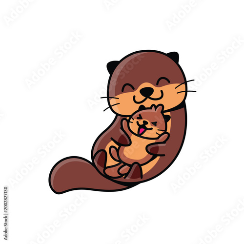 CARTOON OTTER HUGGING BABY ILLUSTRATION