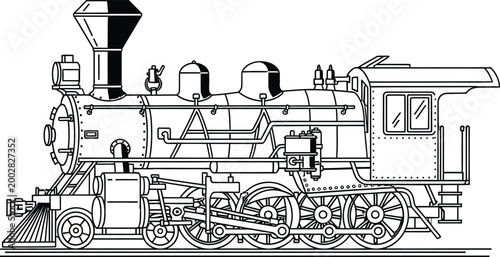 Detailed Vintage Steam Locomotive Illustration in Black and White Line Art Style.