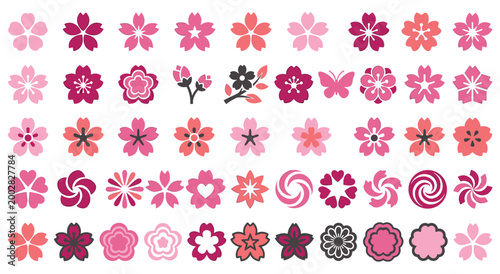 Vibrant collection of cherry blossom icons in various shades of pink and red. Includes different flower shapes, buds, and a butterfly. Spring and nature themes.