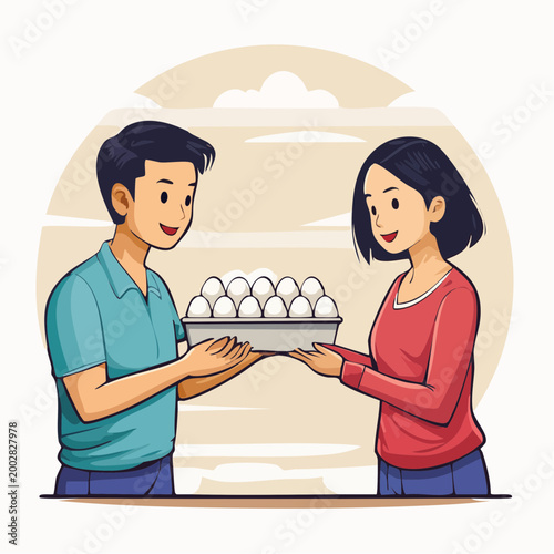 Man Giving Woman Tray of Eggs