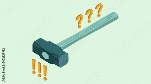 Isometric illustration of a sledgehammer with question and exclamation marks