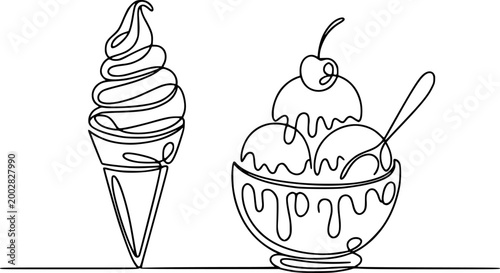 Minimalist single line of ice cream cone and sundae with cherry white background