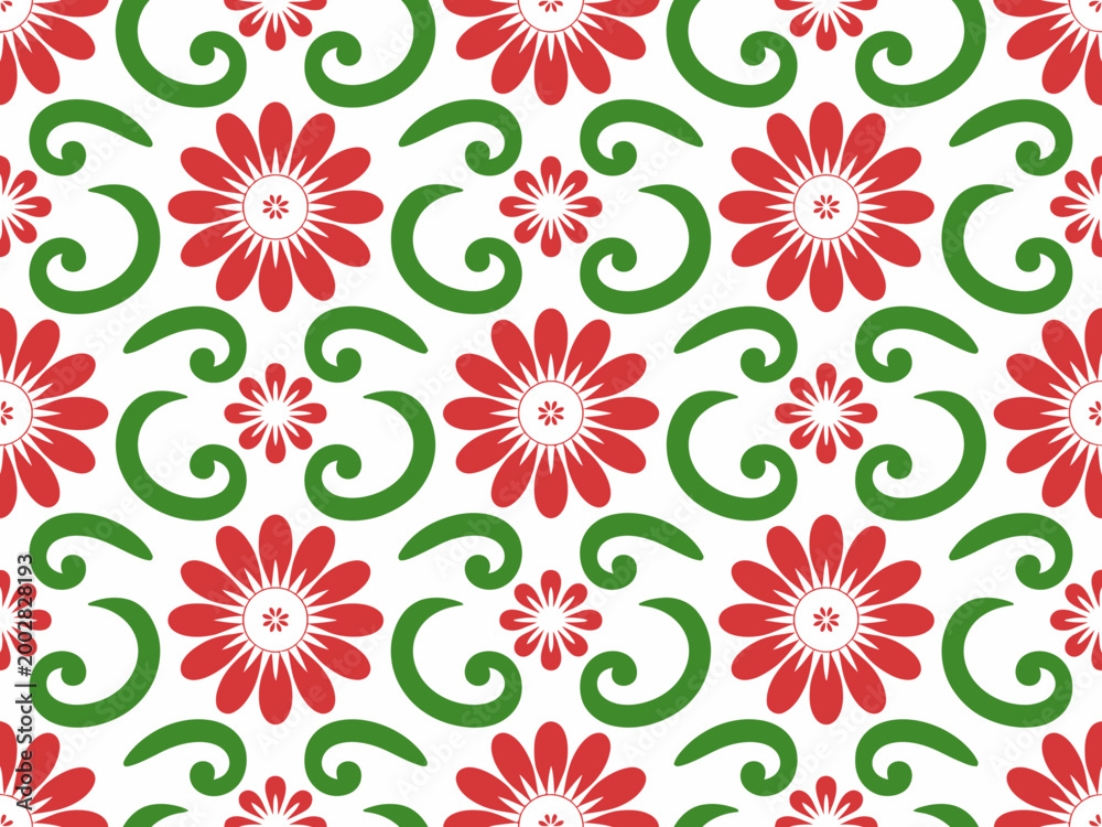 Obraz premium Seamless red flower and green swirl pattern white background, floral