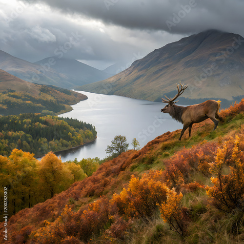 Majestic deer overlooking autumn valley lake beneath dramatic mountains