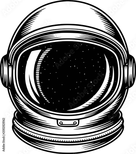 Retro astronaut helmet reflecting starry night sky, black and white space stars galaxy
