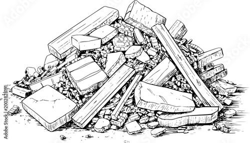 Pile of debris, broken bricks, wood planks, and rubble, black and white line destruction