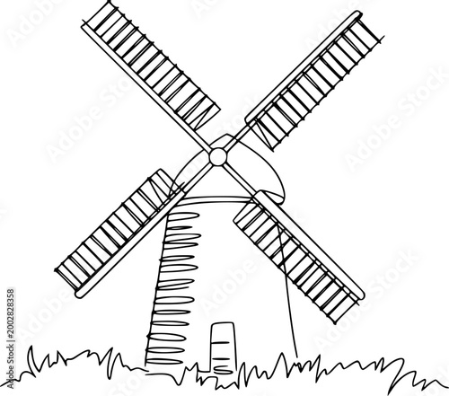 Simple line of a traditional windmill with blades and grass white background vintage