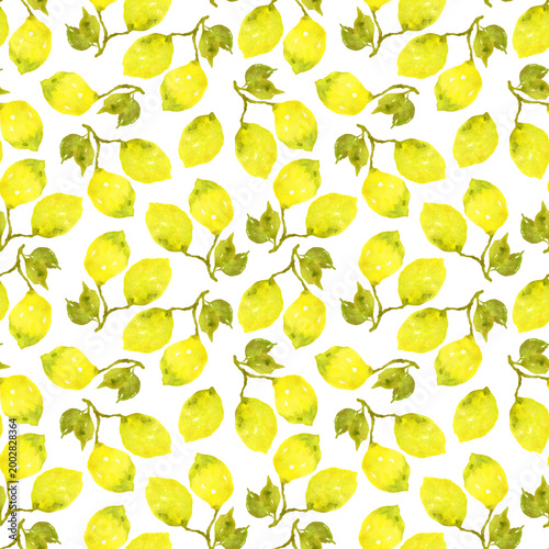 Watercolour lemon seamless pattern. Illustration for fabric und textile design, wallpaper, packaging, food design, menu design, kitchen decoration.