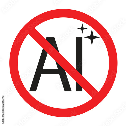 Sign prohibiting artificial intelligence tools. Text AI in a crossed  red round sign. Vector illustration isolated on white background