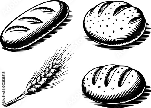 Vintage black and white engraving style bread loaves and wheat ear grain loaf