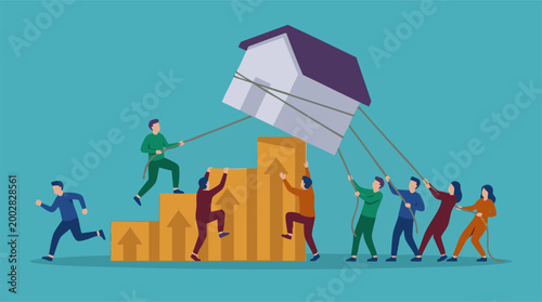 Team of people collaborate to raise a house on rising growth steps