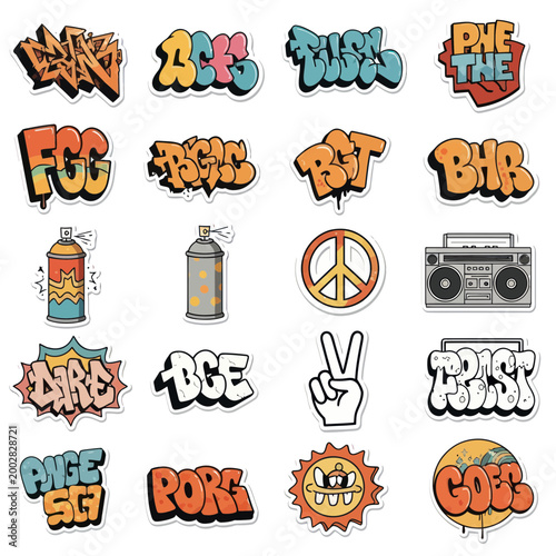 Graffiti letters and urban symbols.