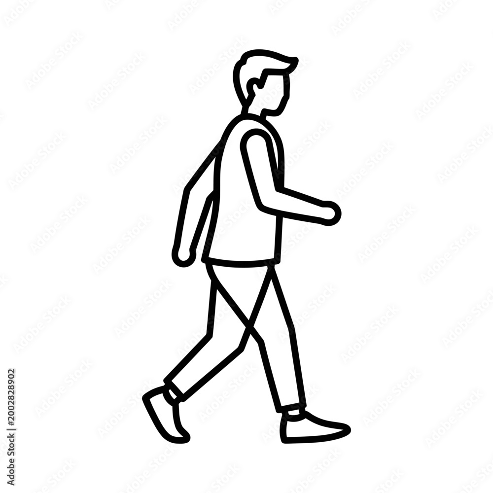 Obraz premium Young man walking casually in a minimalist line art style, side view, relaxed and carefree mood