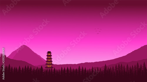 Dreamy Pink Mountain Scene with Japanese Castle, Pine Forest and Birds in the Sky