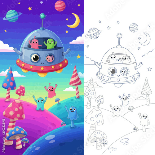 Colorful Alien Space Ship Landing Scene.