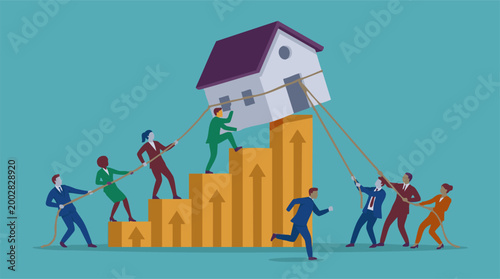 Business team lifting house on rising growth chart, real estate concept