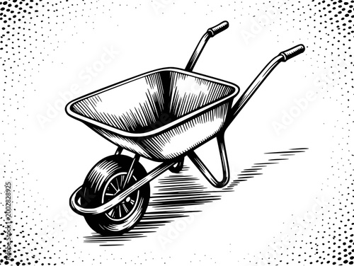 Vintage black and white woodcut style wheelbarrow white background, garden tool transport