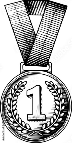 Vintage engraved first place medal with laurel wreath and ribbon, black and white