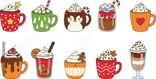 Large set of cute kawaii winter drinks, hot cocoa mugs, and festive beverages with whipped cream and holiday toppings isolated on white.