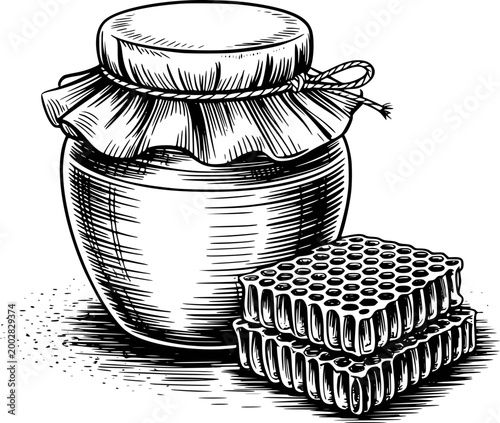 Vintage hand-drawn honey jar and honeycomb white background, food sweet