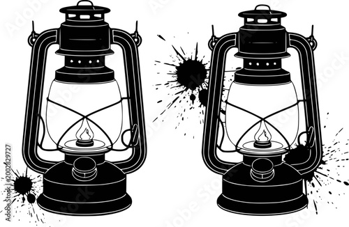 Vintage kerosene lanterns with black ink splatters, isolated white background lamp