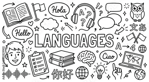 Hand drawn doodle collection illustrating various language learning concepts including books speech bubbles globes brain laptop headphones and writing implements for educational creative projects.